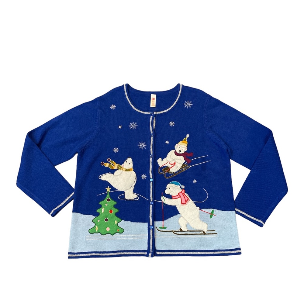 Christmas Sweater Cardigan Polar Bears Blue Size XL